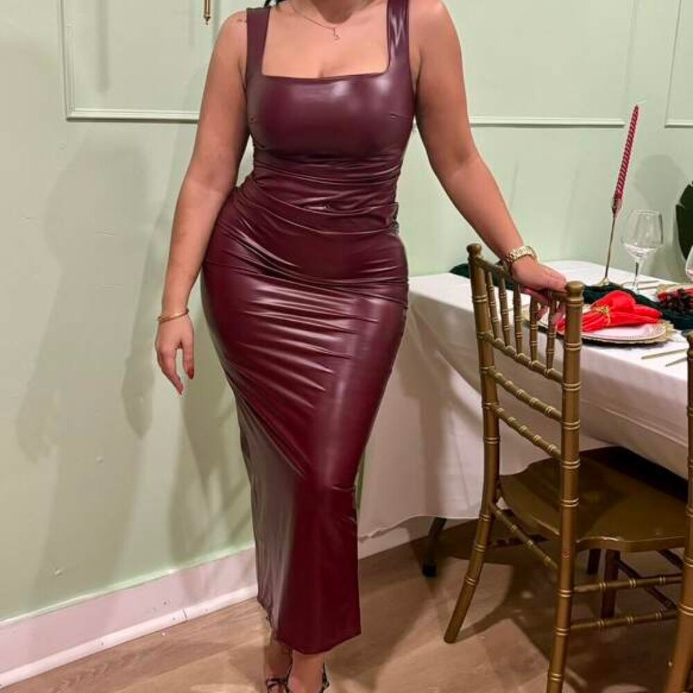 NEW Vegan Leather Maxi dress.. Square neck  WINE